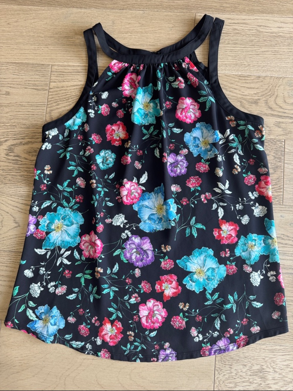 EXPRESS Black Floral Halter Tank with Multi-Color Flowers - medium